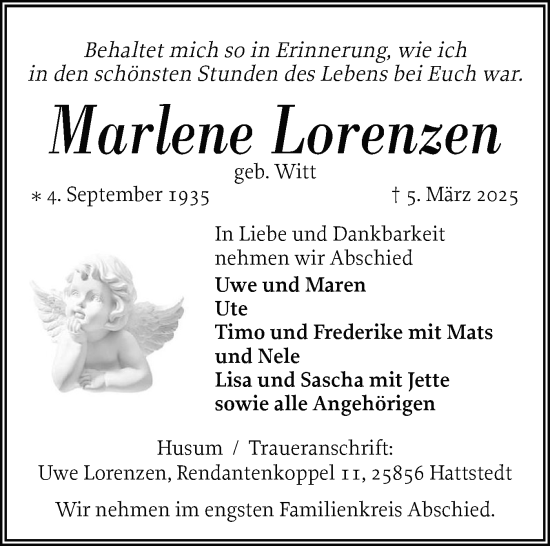 Traueranzeige von Marlene Lorenzen von Husumer Nachrichten, Nordfriesland Tageblatt