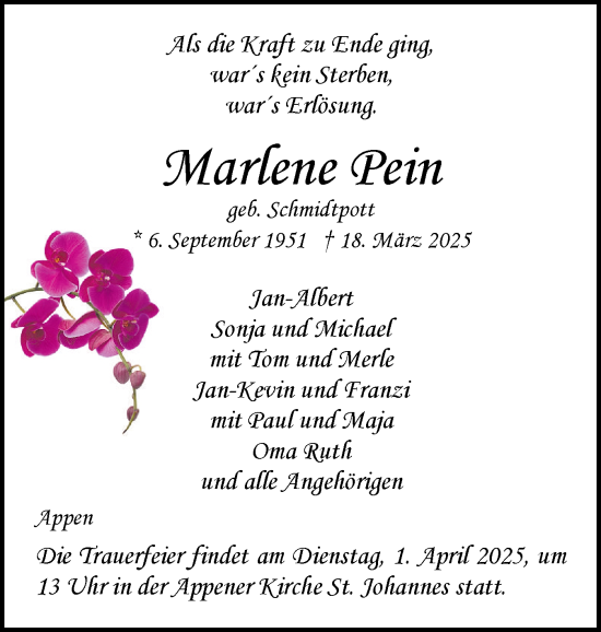 Traueranzeige von Marlene Pein von Region Pinneberg und tip Pinneberg