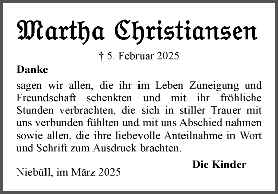 Traueranzeige von Martha Christiansen von Husumer Nachrichten, Nordfriesland Tageblatt