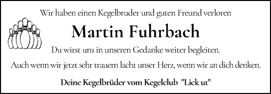 Traueranzeige von Martin Adam Fuhrbach von Husumer Nachrichten, Nordfriesland Tageblatt