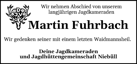 Traueranzeige von Martin Adam Fuhrbach von Husumer Nachrichten, Nordfriesland Tageblatt