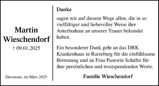 Traueranzeige von Martin Wieschendorf von MARKT Ratzeburg/Mölln
