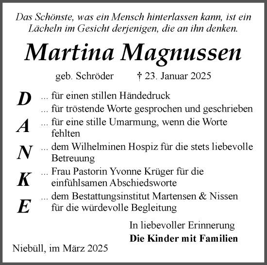 Traueranzeige von Martina Magnussen von Husumer Nachrichten, Nordfriesland Tageblatt
