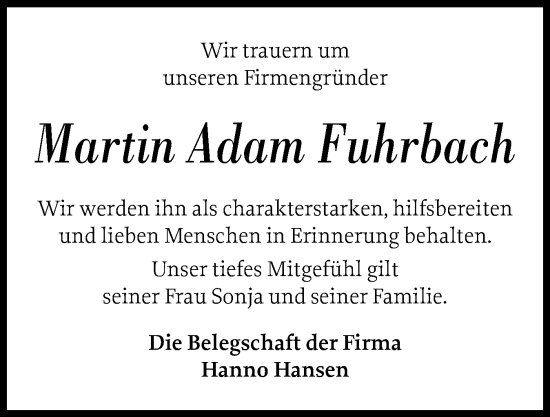 Traueranzeige von Martin Adam Fuhrbach von Husumer Nachrichten, Nordfriesland Tageblatt