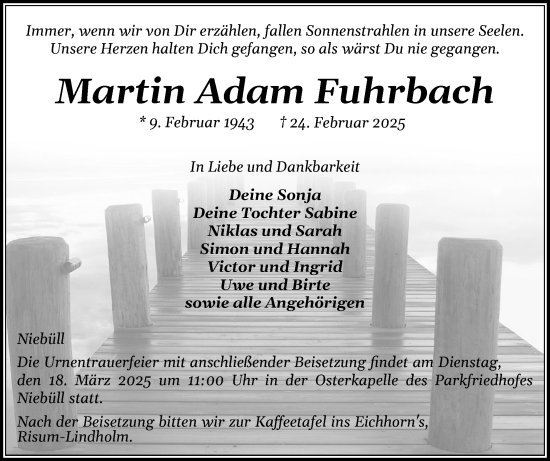Traueranzeige von Martin Adam Fuhrbach von Husumer Nachrichten, Nordfriesland Tageblatt