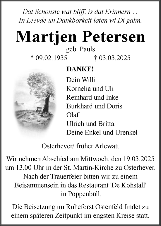 Traueranzeige von Martjen Petersen von Husumer Nachrichten, Nordfriesland Tageblatt