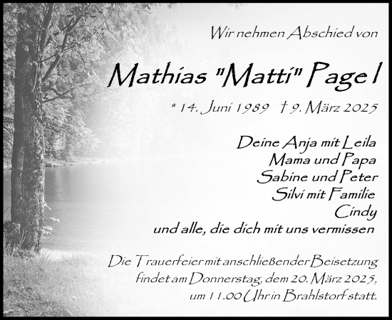 Traueranzeige von Mathias Pagel von Wochenend Anzeiger