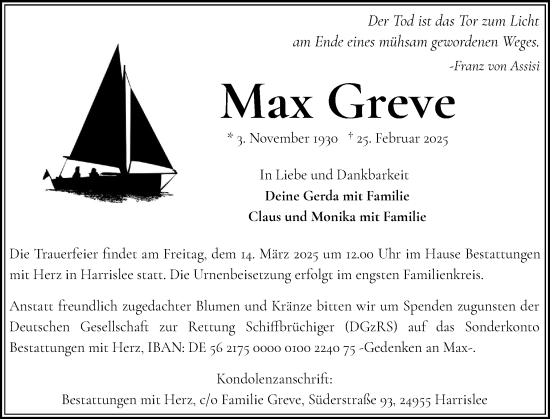 Traueranzeige von Max Greve von Flensburger Tageblatt