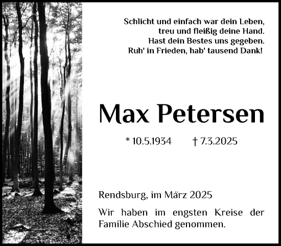 Traueranzeige von Max Petersen von Schleswig-Holsteinische Landeszeitung