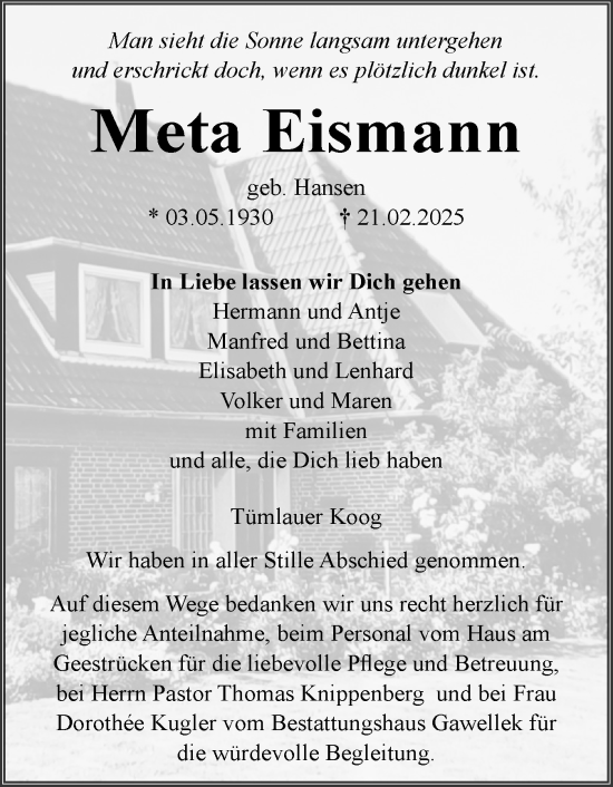 Traueranzeige von Meta Eismann von Husumer Nachrichten, Nordfriesland Tageblatt