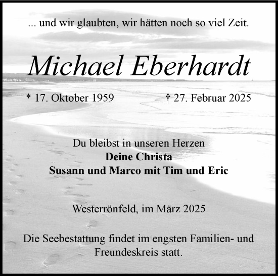 Traueranzeige von Michael Eberhardt von Schleswig-Holsteinische Landeszeitung