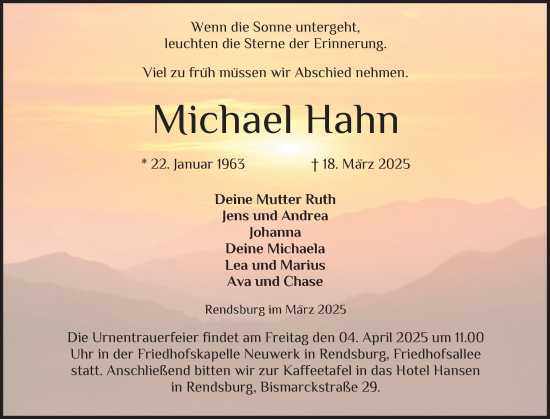Traueranzeige von Michael Hahn von Schleswig-Holsteinische Landeszeitung