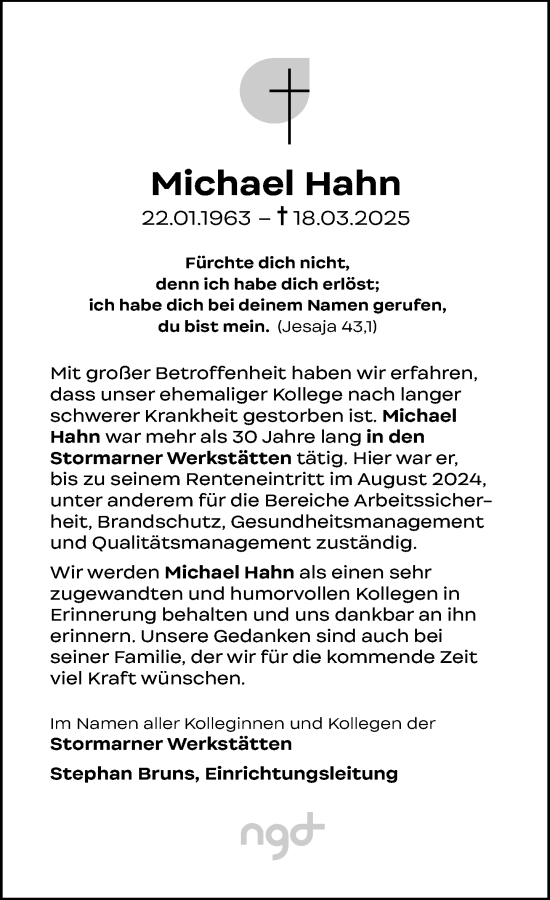 Traueranzeige von Michael Hahn von MARKT Bad Oldesloe/Reinfeld, MARKT Ahrensburg/Bargteheide/Trittau und Stormarner Tageblatt