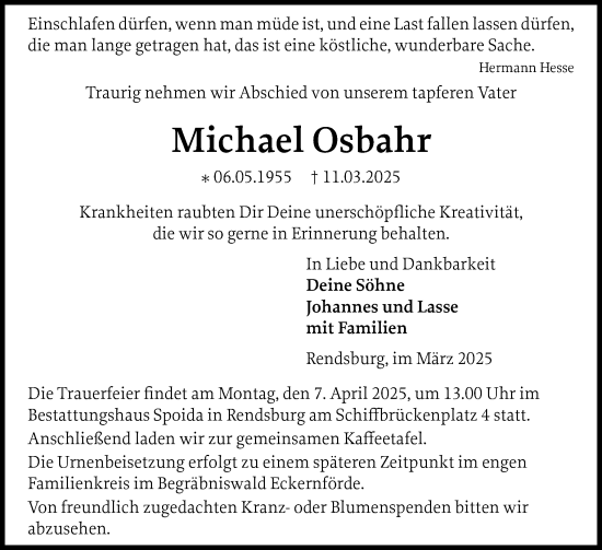 Traueranzeige von Michael Osbahr von Schleswig-Holsteinische Landeszeitung