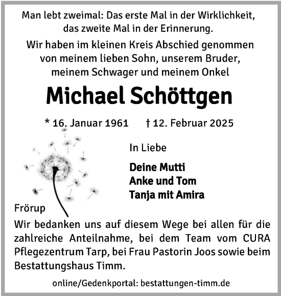 Traueranzeige von Michael Schöttgen von Flensburger Tageblatt
