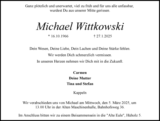 Traueranzeige von Michael Wittkowski von Schleswiger Nachrichten, Schlei-Bote
