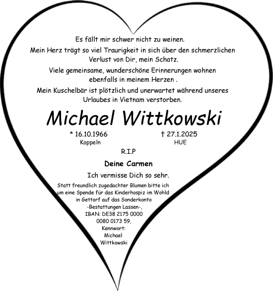 Traueranzeige von Michael Wittkowski von Schleswiger Nachrichten, Schlei-Bote