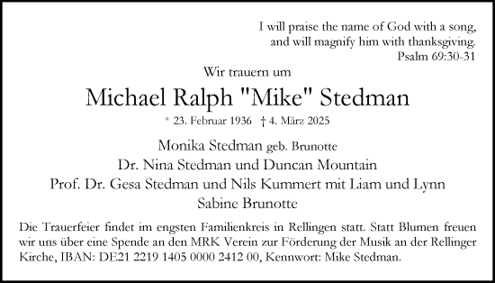 Traueranzeige von Michael Ralph Stedman von Region Pinneberg und tip Pinneberg