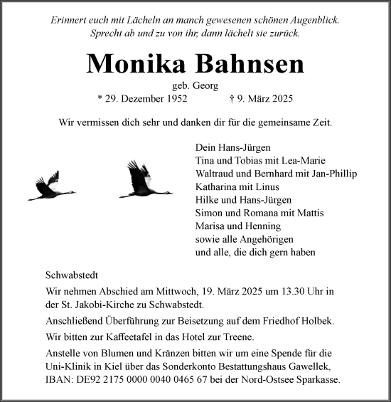 Traueranzeige von Monika Bahnsen von Husumer Nachrichten, Nordfriesland Tageblatt
