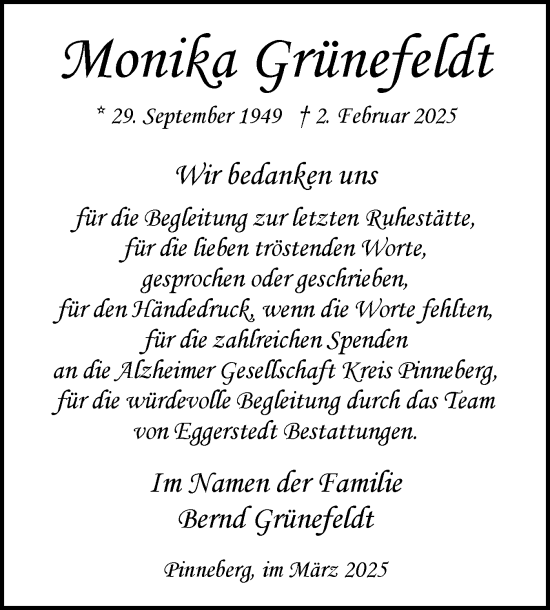 Traueranzeige von Monika Grünefeldt von Region Pinneberg und tip Pinneberg