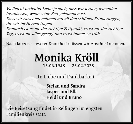 Traueranzeige von Monika Kröll von Region Pinneberg und tip Pinneberg