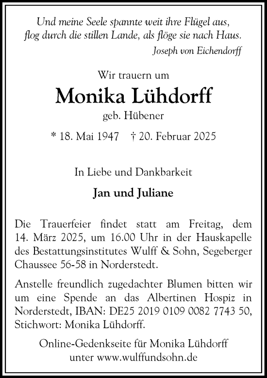 Traueranzeige von Monika Lühdorff von Heimatspiegel