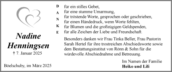 Traueranzeige von Nadine Henningsen von Schleswiger Nachrichten, Schlei-Bote