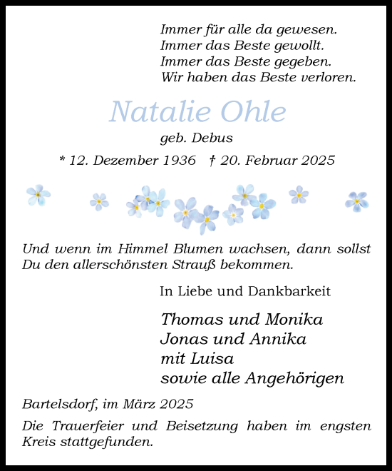 Traueranzeige von Natalie Ohle von Wochenend Anzeiger