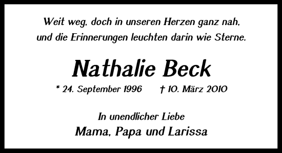 Traueranzeige von Nathalie Beck von MARKT Glinde/Reinfeld