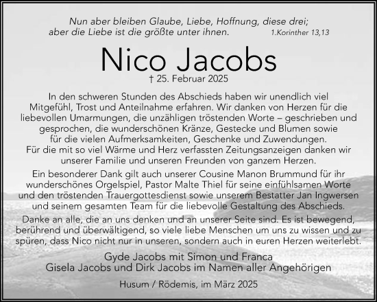 Traueranzeige von Nico Jacobs von Husumer Nachrichten, Nordfriesland Tageblatt