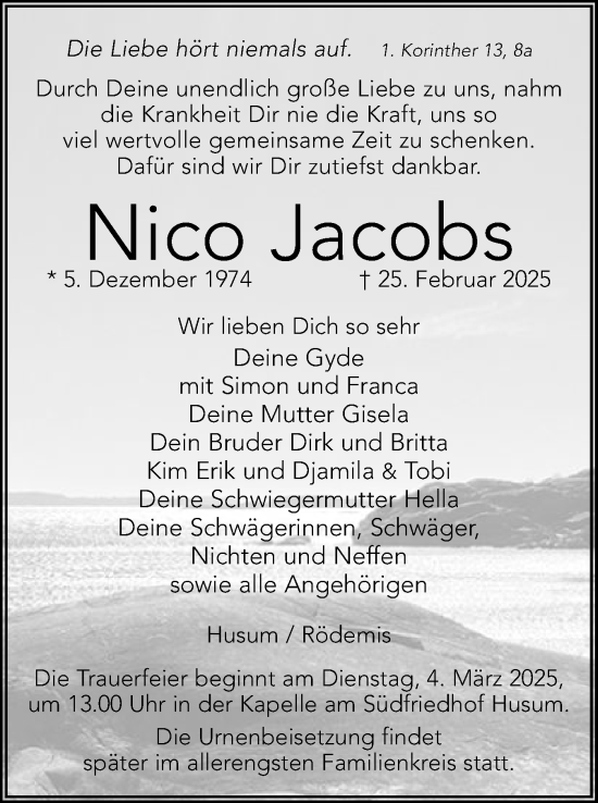 Traueranzeige von Nico Jacobs von Husumer Nachrichten, Nordfriesland Tageblatt