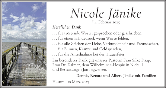 Traueranzeige von Nicole Jänike von Husumer Nachrichten, Nordfriesland Tageblatt