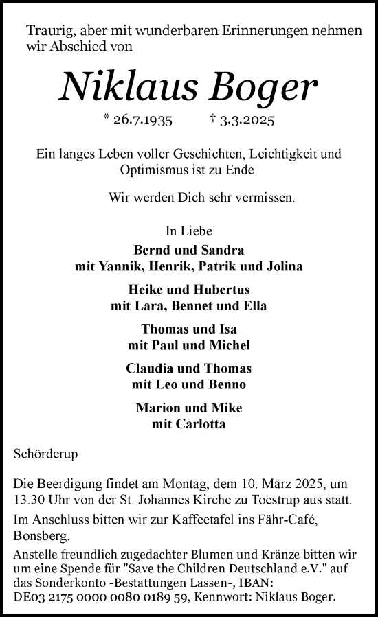 Traueranzeige von Niklaus Boger von Flensburger Tageblatt, Schleswiger Nachrichten, Schlei-Bote