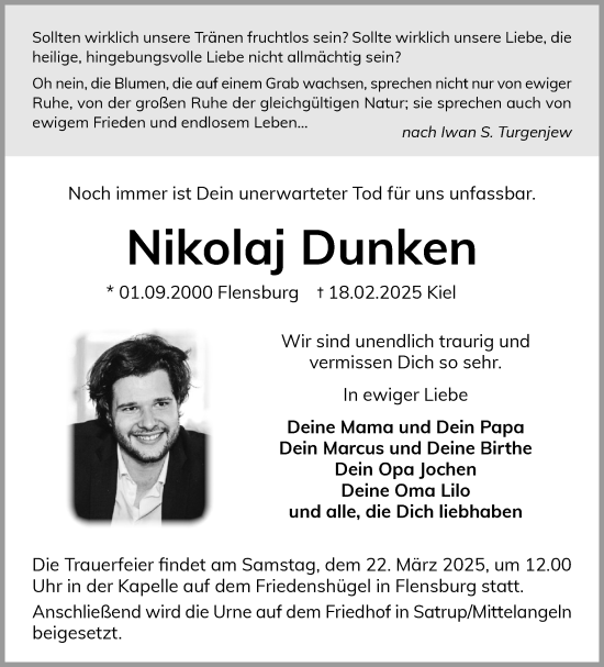Traueranzeige von Nikolaj Dunken von Flensburger Tageblatt