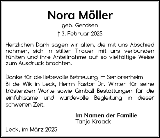 Traueranzeige von Nora Möller von Husumer Nachrichten, Nordfriesland Tageblatt