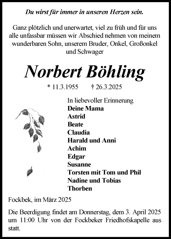 Traueranzeige von Norbert Böhling von Schleswig-Holsteinische Landeszeitung