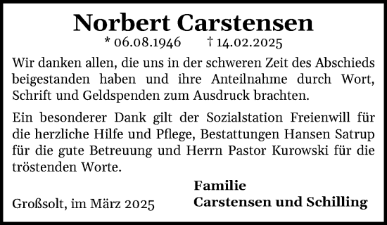 Traueranzeige von Norbert Carstensen von Flensburger Tageblatt, Schleswiger Nachrichten, Schlei-Bote