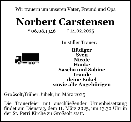 Traueranzeige von Norbert Carstensen von Flensburger Tageblatt, Schleswiger Nachrichten, Schlei-Bote