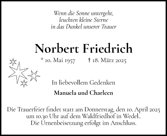 Traueranzeige von Norbert Friedrich von Wedel-Schulauer Tageblatt, tip Wedel-Schulauer Tageblatt, tip Rissener Rundschau