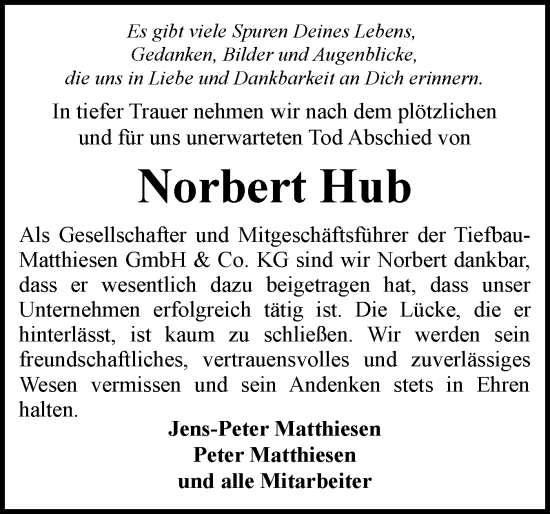 Traueranzeige von Norbert Hub von Flensburger Tageblatt