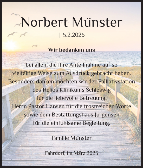Traueranzeige von Norbert Münster von Schleswiger Nachrichten, Schlei-Bote