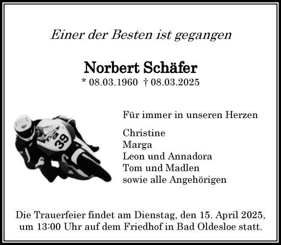 Traueranzeige von Norbert Schäfer von MARKT Bad Oldesloe/Reinfeld und Stormarner Tageblatt