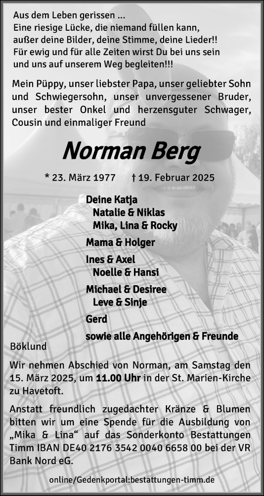 Traueranzeige von Norman Berg von Flensburger Tageblatt, Schleswiger Nachrichten, Schlei-Bote