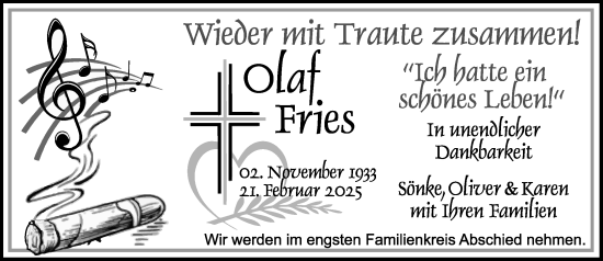Traueranzeige von Olaf Fries von Wochenend Anzeiger