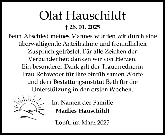 Traueranzeige von Olaf Hauschildt von Norddeutsche Rundschau, Wilstersche Zeitung, Glückstädter Fortuna