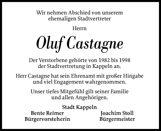 Traueranzeige von Oluf Castagne von Schleswiger Nachrichten, Schlei-Bote