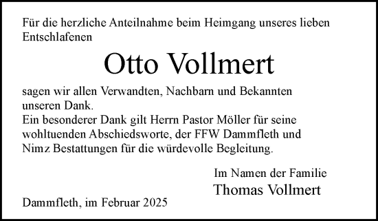 Traueranzeige von Otto Vollmert von Norddeutsche Rundschau, Wilstersche Zeitung, Glückstädter Fortuna