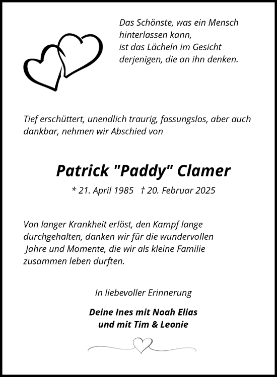 Traueranzeige von Patrick Clamer von Umschau