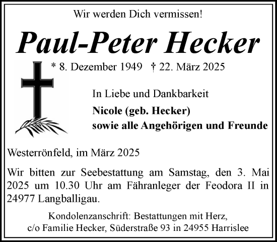 Traueranzeige von Paul-Peter Hecker von Region Flensburg