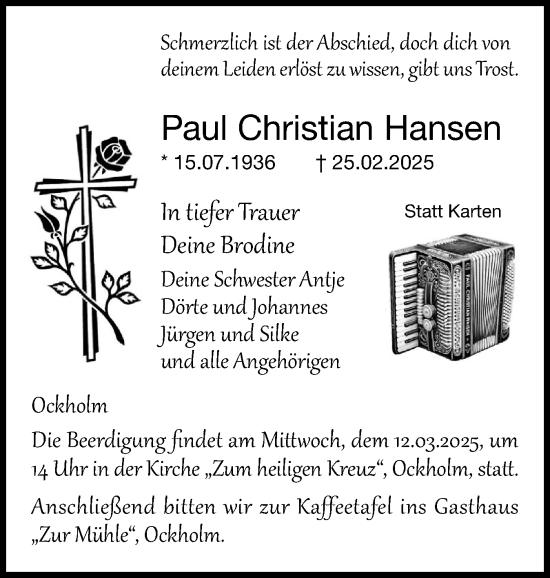 Traueranzeige von Paul Christian Hansen von Husumer Nachrichten, Nordfriesland Tageblatt